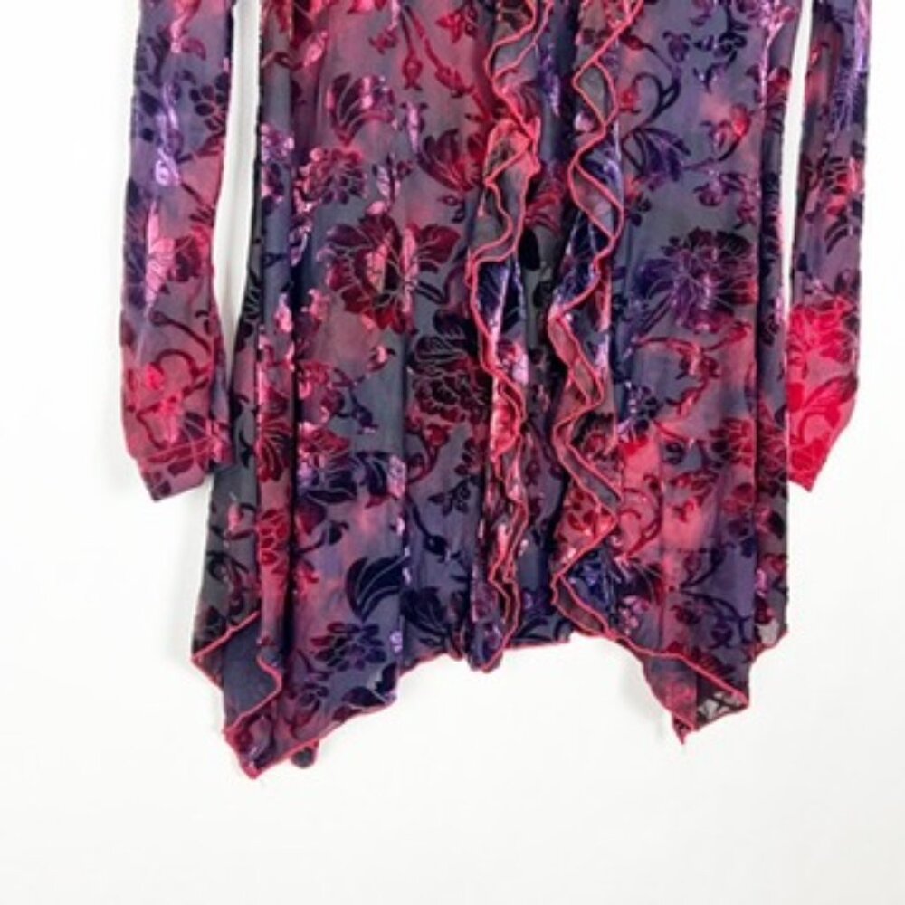 Snoskins Blouse Womens Large Black Red Purple Sheer Velvet Burnout Floral Ruffle - Picture 3 of 11